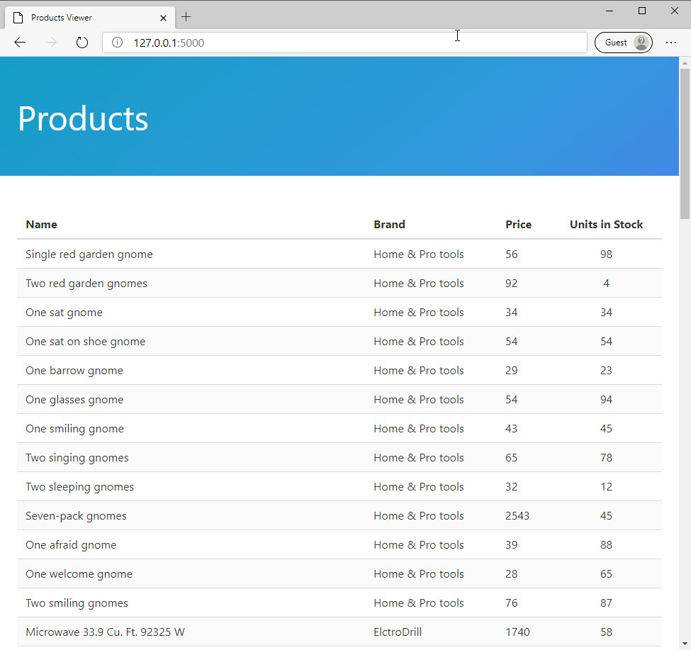 Snímek obrazovky s aplikací, kterou je řídicí panel Products v Pythonu