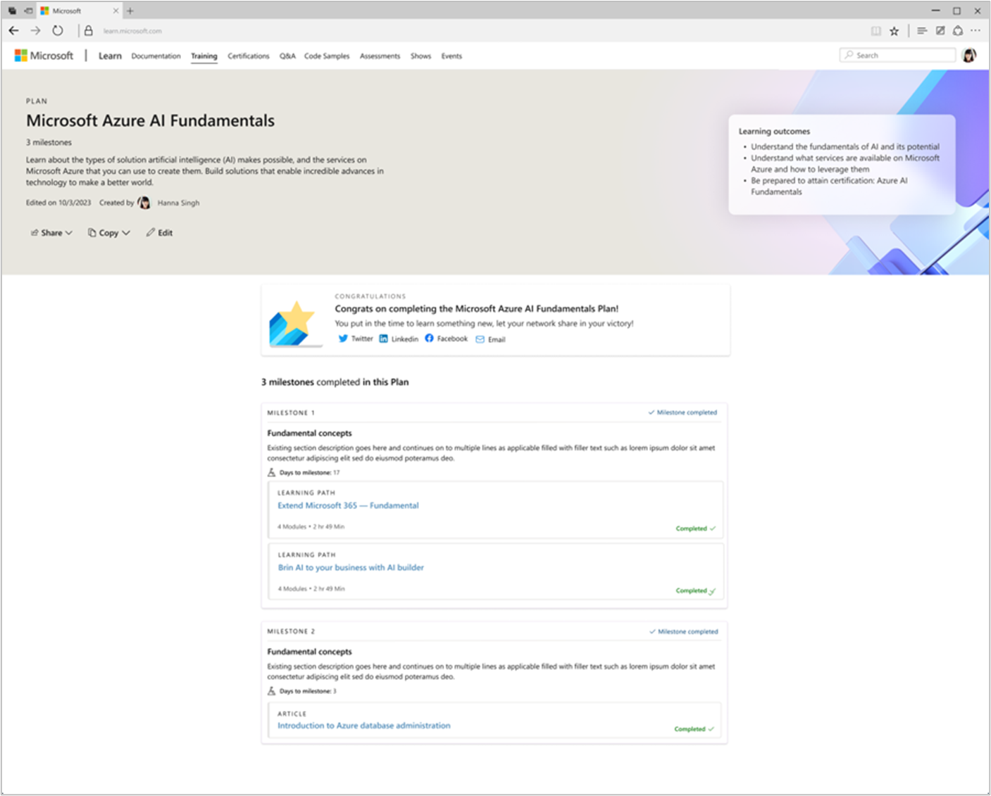 Snímek obrazovky s plánem Microsoft Azure AI Fundamentals