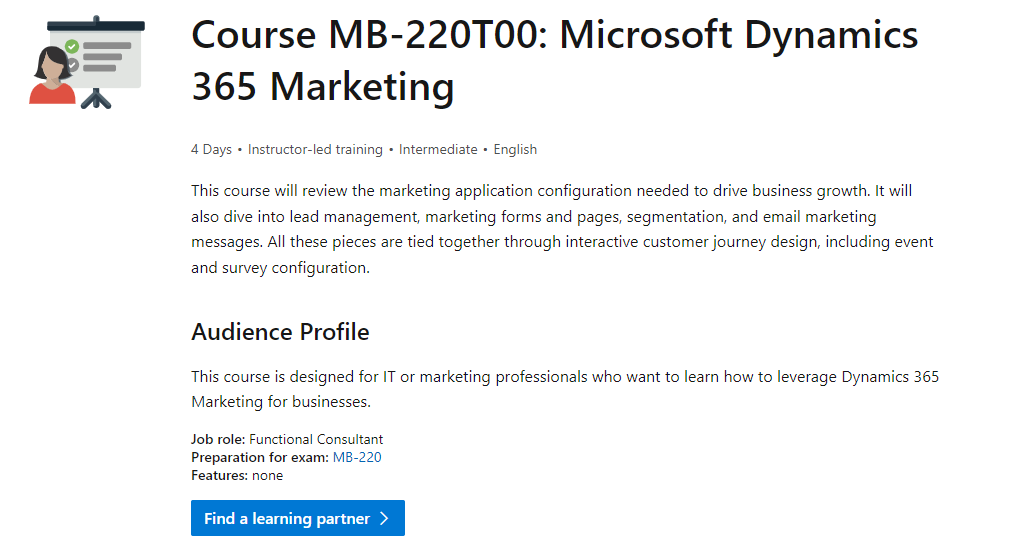 Snímek obrazovky zobrazující stránku podrobností kurzu MB-220T00: Microsoft Dynamics 365 Marketing