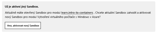 Oznámení o jiném aktivním sandboxu s tlačítkem pro aktivaci nového sandboxu