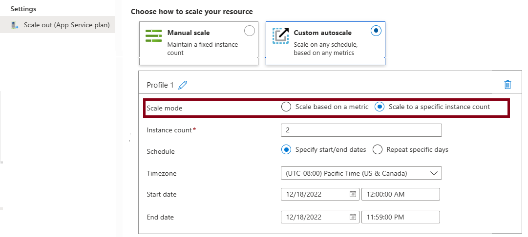 Snímek obrazovky znázorňující, jak vytvořit podmínku automatického škálování na webu Azure Portal, včetně nastavení režimu škálování a počtu instancí