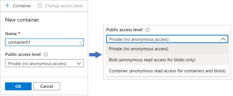 Snímek obrazovky znázorňující stránku pro vytvoření kontejneru a možnosti na úrovni veřejného přístupu na webu Azure Portal