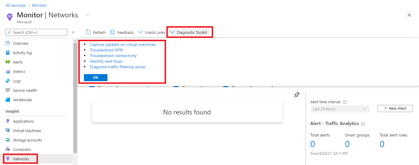 Snímek obrazovky se službou Azure Monitor Network Insights se zvýrazněnou diagnostickou sadou nástrojů