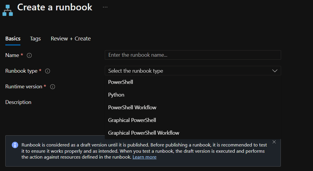 Screenshot of the Add Runbook window. In the left pane, Quick Create, create a new runbook is selected. In the right pane, the runbook type dropdown menu displays options such as PowerShell, Python 2, Graphical, and Other. Under Other is PowerShell Workflow, and Graphical PowerShell workflow.