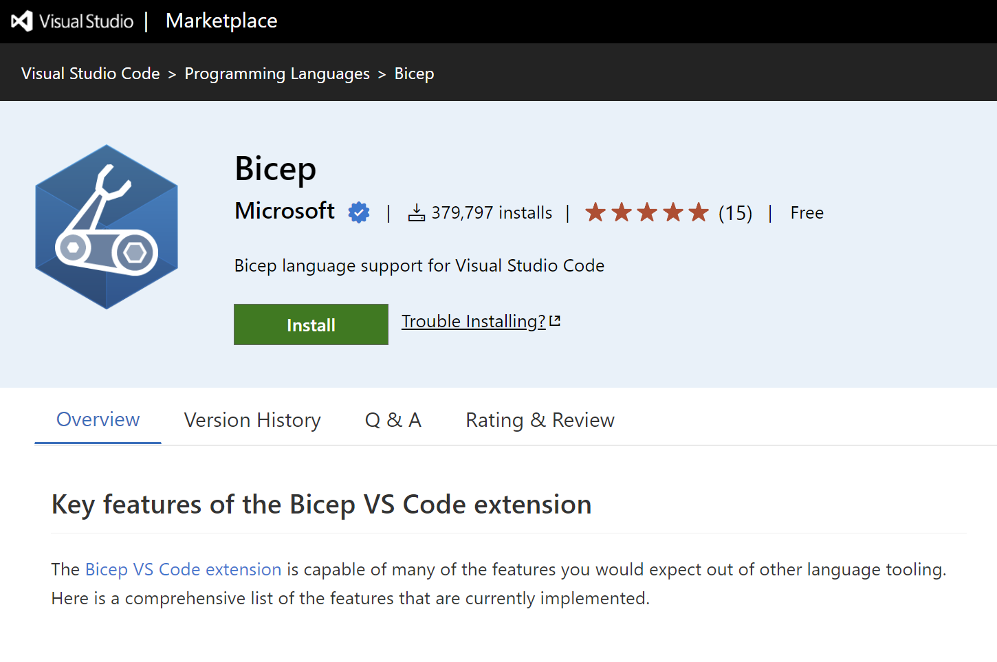 snímek obrazovky s rozšířením Bicep z marketplace VS Code