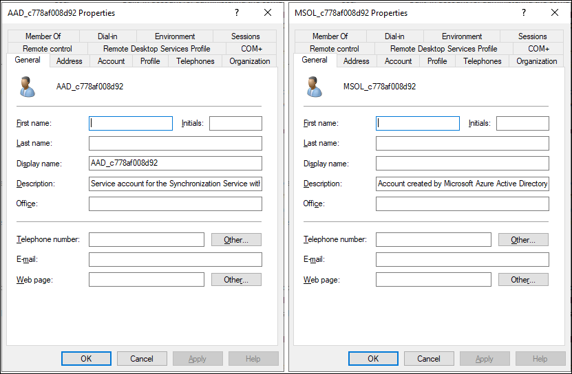 Snímek obrazovky Uživatelé a počítače služby Active Directory Správce otevřel dva účty: MSOL_c778af008d92 a AAD_c778af008d92. Pro oba účty je vybraná karta Obecné.