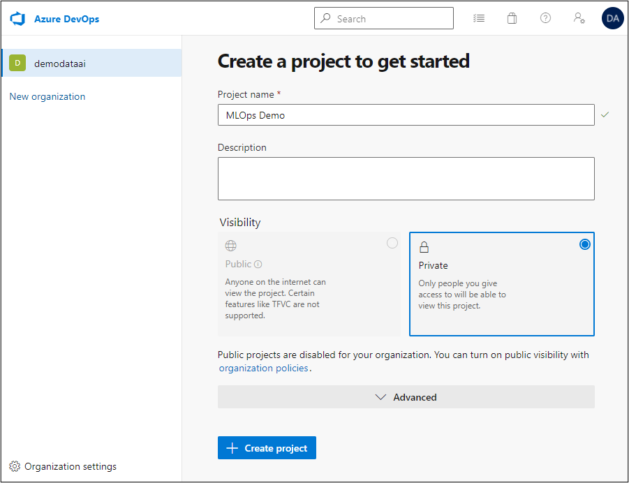 New organization in Azure DevOps