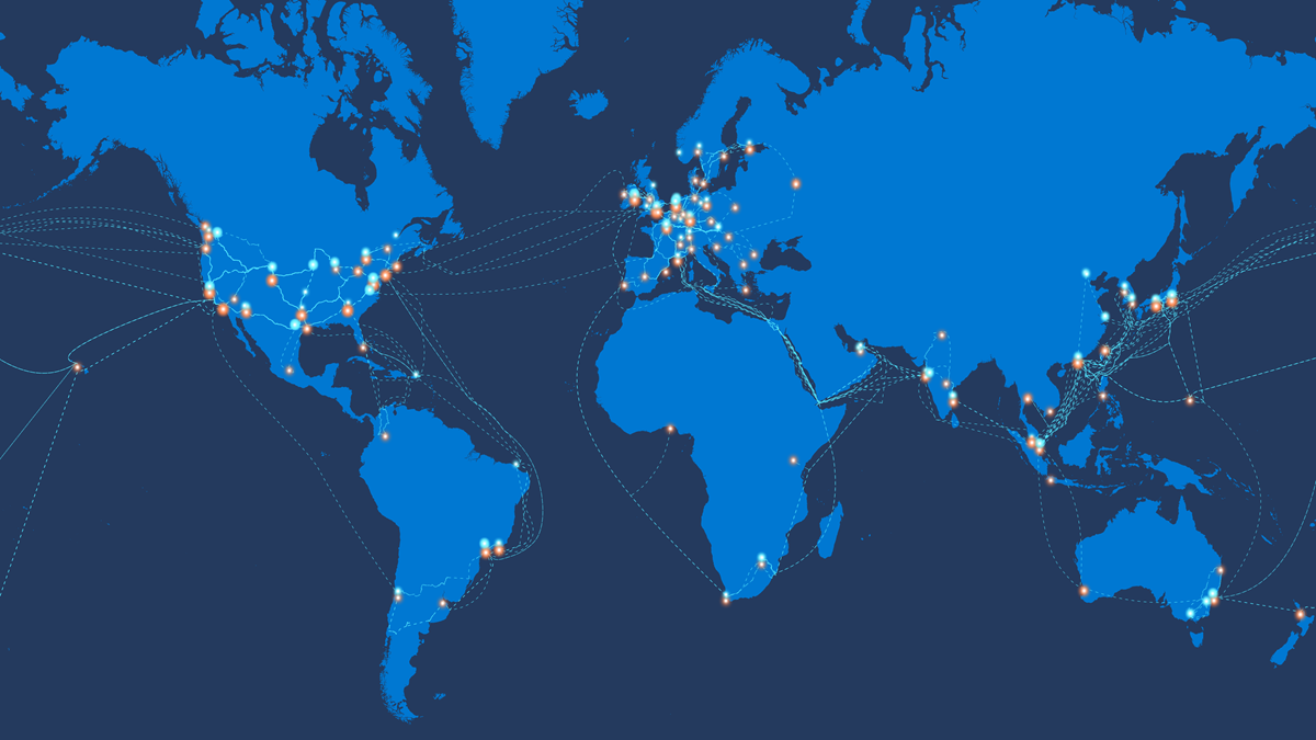 Diagram mapy světa znázorňující globální síť Azure