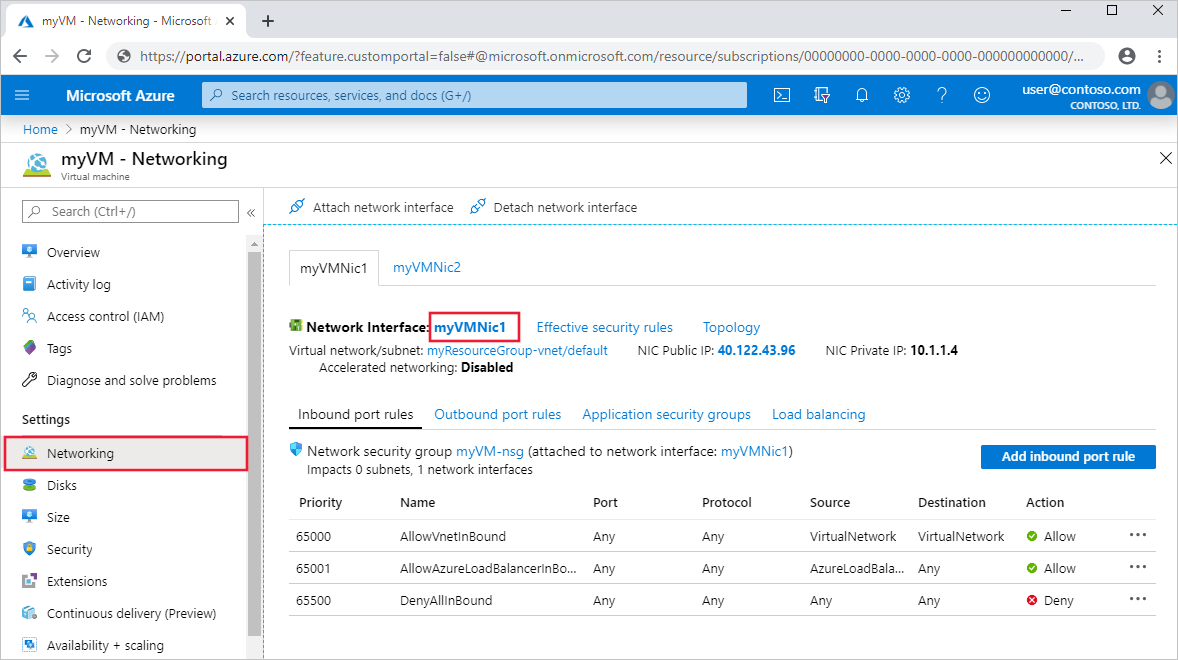 Snímek obrazovky se síťovým rozhraním webu Azure Portal