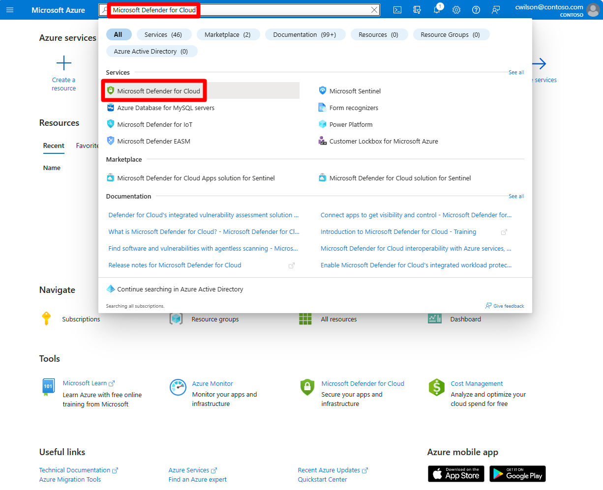 Snímek obrazovky webu Azure Portal s vybranou možností Microsoft Defender for Cloud