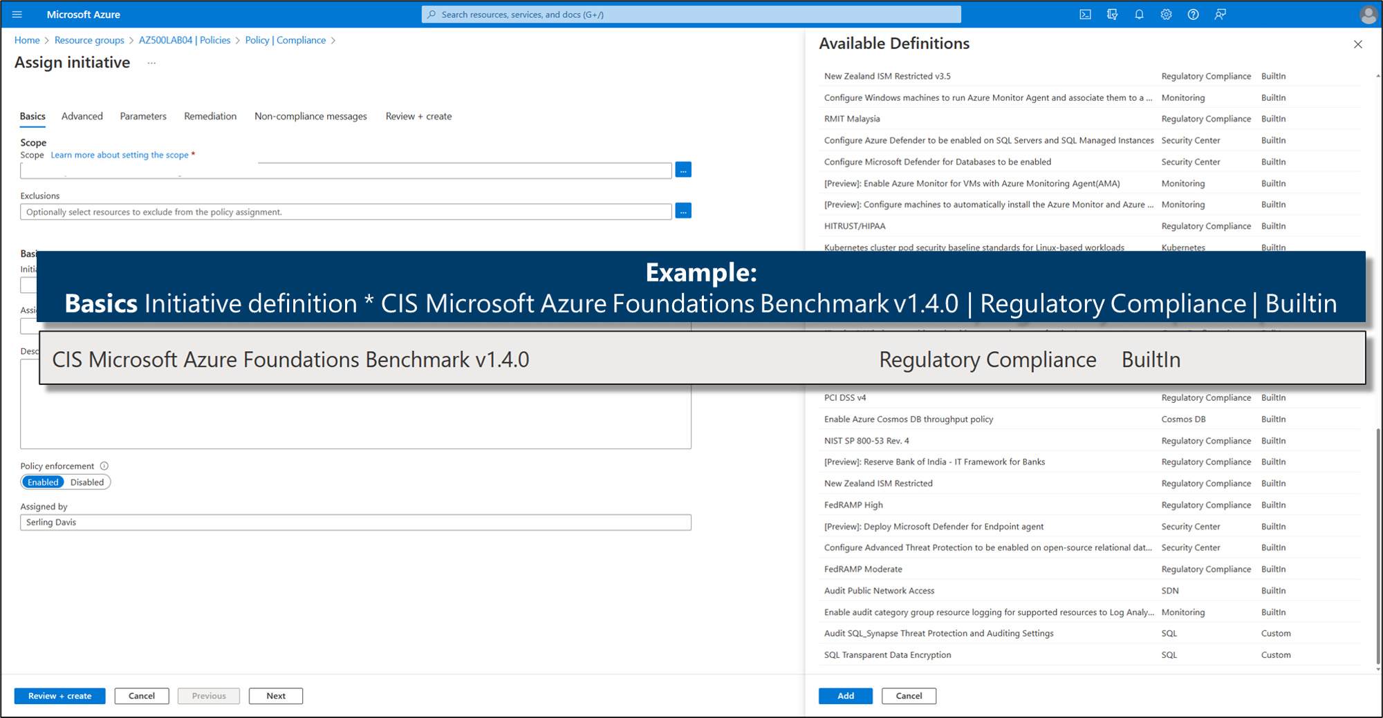 Snímek obrazovky znázorňující příklad srovnávacího testu CIS Microsoft Azure Foundations