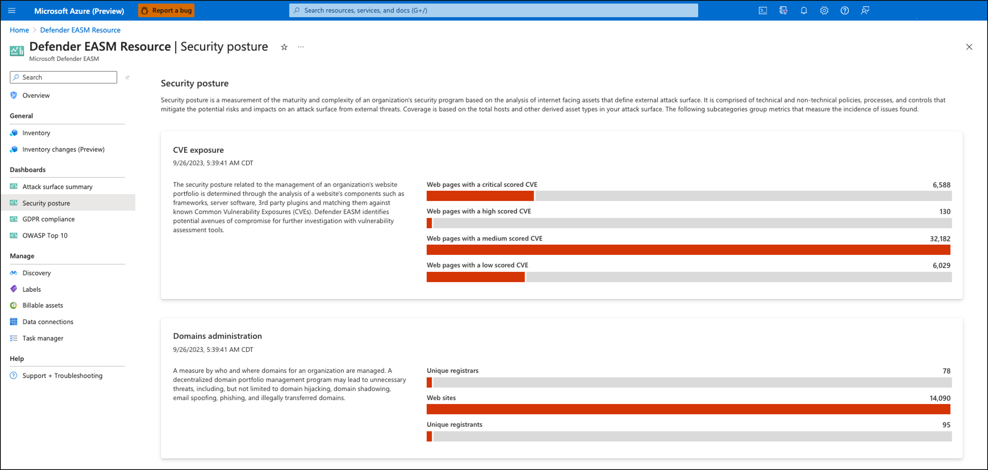 Snímek obrazovky zobrazující stránku týkající se bezpečnostní situace programu Microsoft Defender External Attack Surface Management