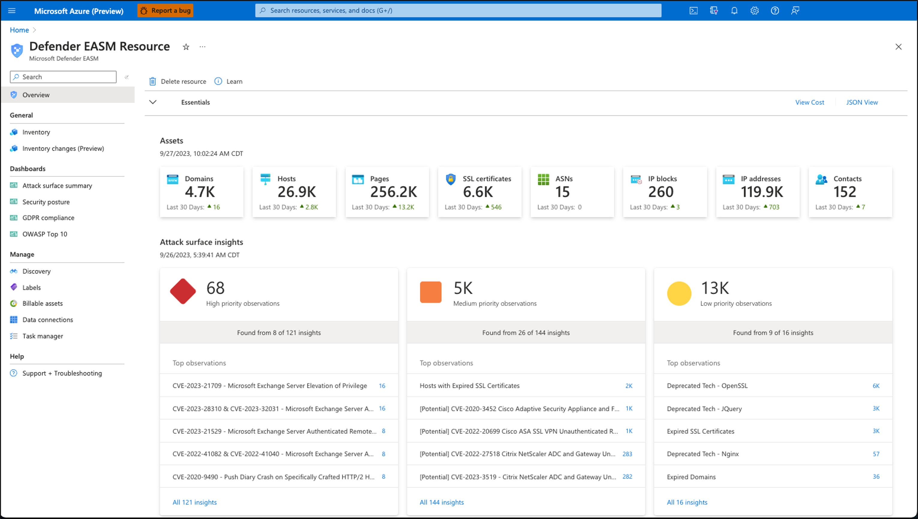 snímek obrazovky s řídicím panelem Microsoft Defender External Attack Surface Management