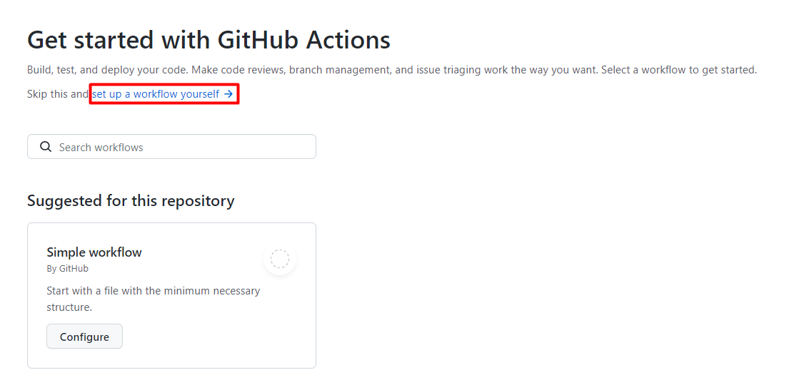 Snímek obrazovky znázorňující, jak začít s GitHub Actions