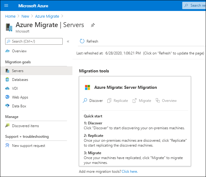 Snímek obrazovky webu Azure Portal Správce přidal Službu Azure Migrate a vybral nástroj Azure Migrate: Migrace serverů.