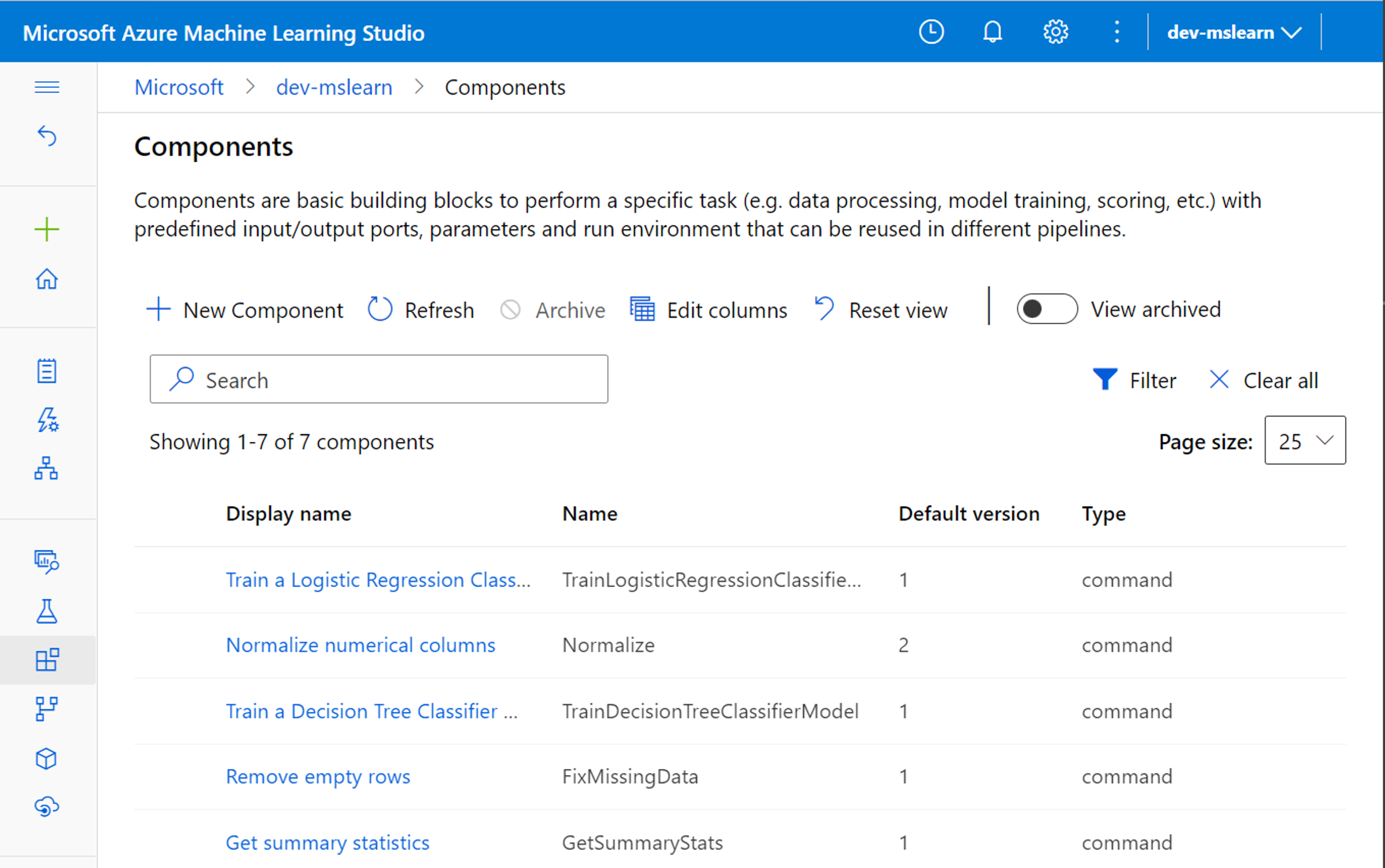 Snímek obrazovky s dostupnými komponentami v pracovním prostoru Azure Machine Learning