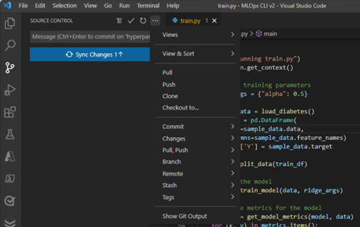 Snímek obrazovky s nasdílení změn v podokně správy zdrojového kódu v editoru Visual Studio Code