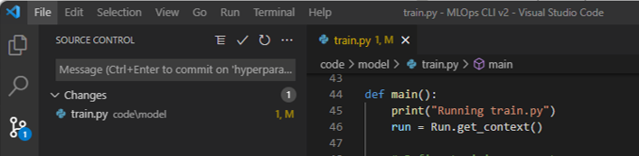 Snímek obrazovky s přehledem správy zdrojového kódu v editoru Visual Studio Code