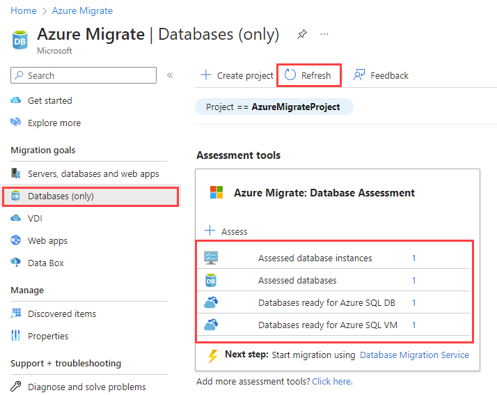 Snímek obrazovky azure Migrate: Výsledky posouzení databáze po nahrání sestavy posouzení