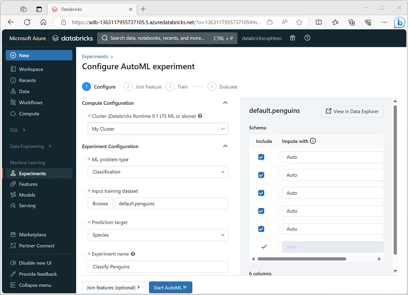 Snímek obrazovky s rozhraním Konfigurovat experiment AutoML v Azure Databricks