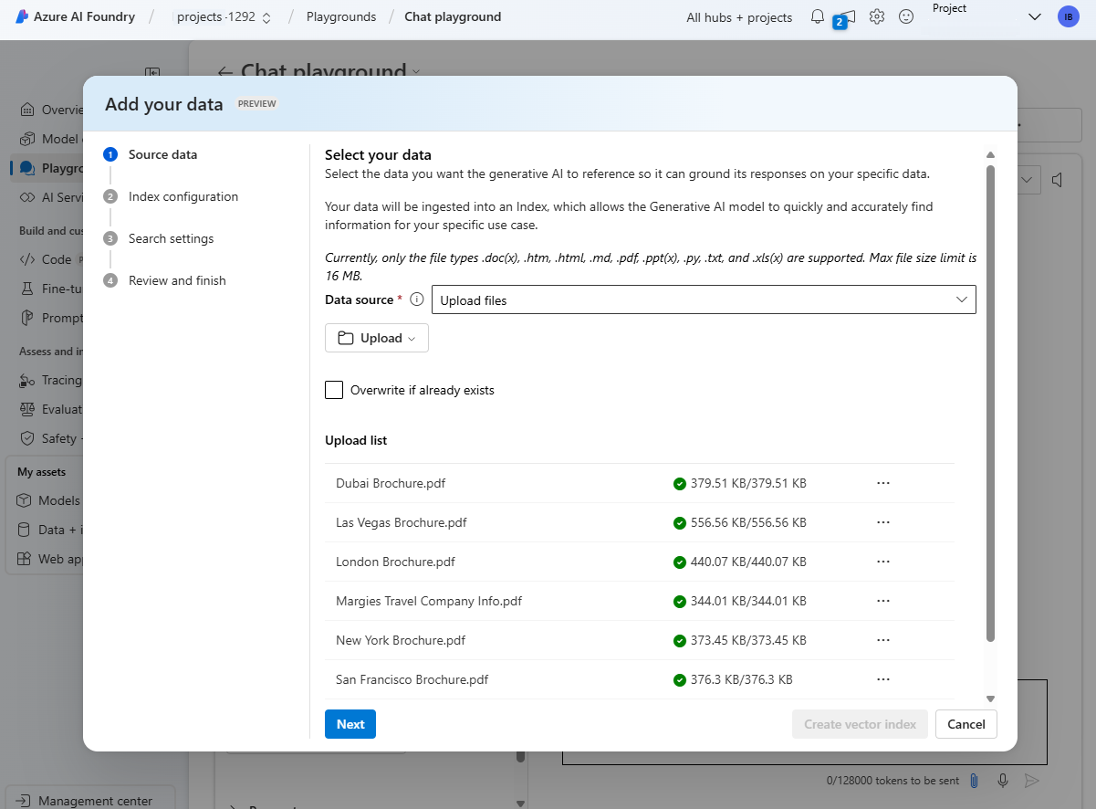 Snímek obrazovky s dialogovým oknem Přidat data v Azure AI Studiu