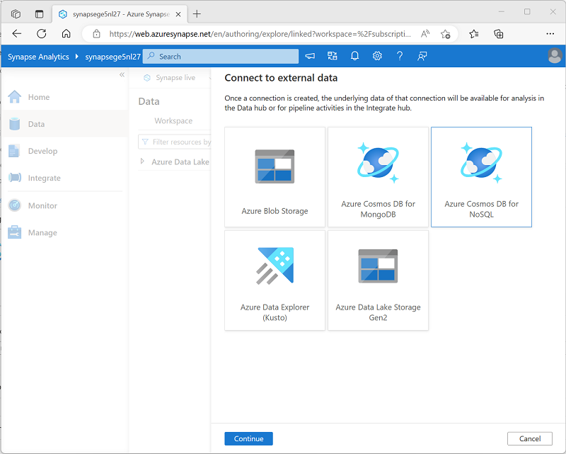 Snímek obrazovky azure Synapse Studia se stránkou Připojit k externím datům