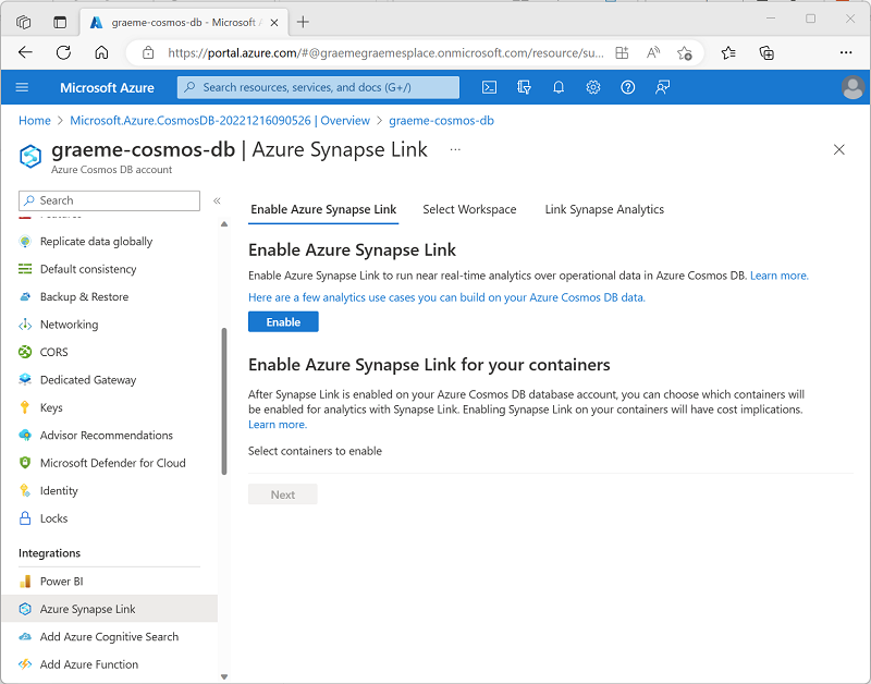 Snímek obrazovky znázorňující možnost povolení azure Synapse Linku pro účet Cosmos DB for NoSQL