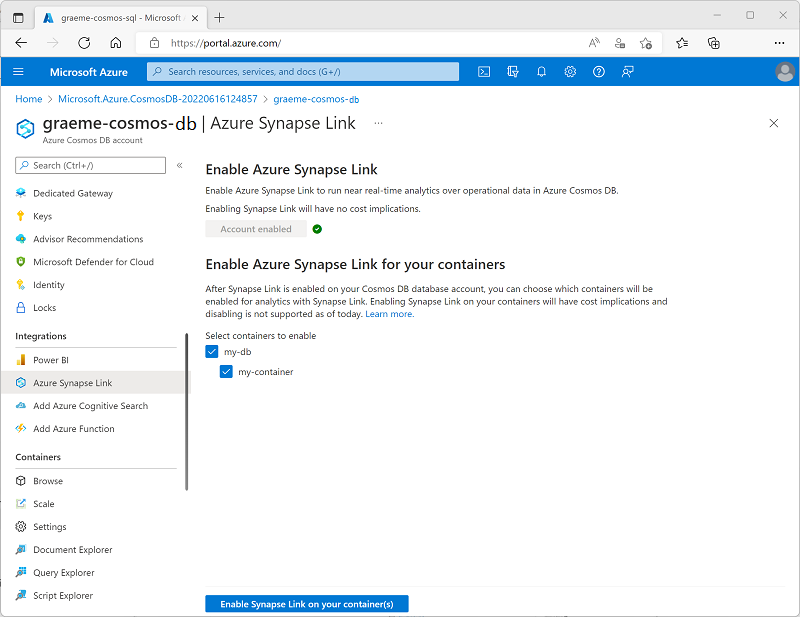 Snímek obrazovky zobrazující stránku Azure Synapse Link na webu Azure Portal s vybraným existujícím kontejnerem a povoleným tlačítkem Povolit Synapse Link