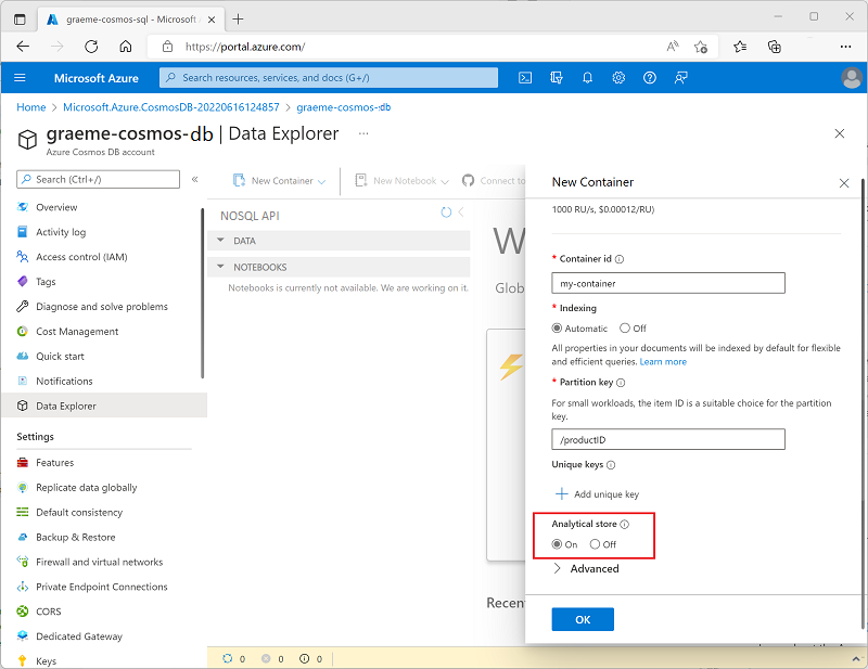 Snímek obrazovky znázorňující možnost Analytické úložiště při vytváření nového kontejneru na webu Azure Portal