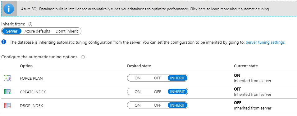 Snímek obrazovky s možnostmi automatického ladění pro Azure SQL Database