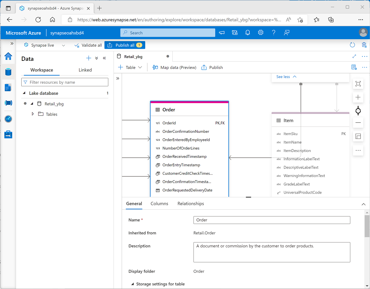 Snímek obrazovky návrháře databáze v nástroji Azure Synapse Studio