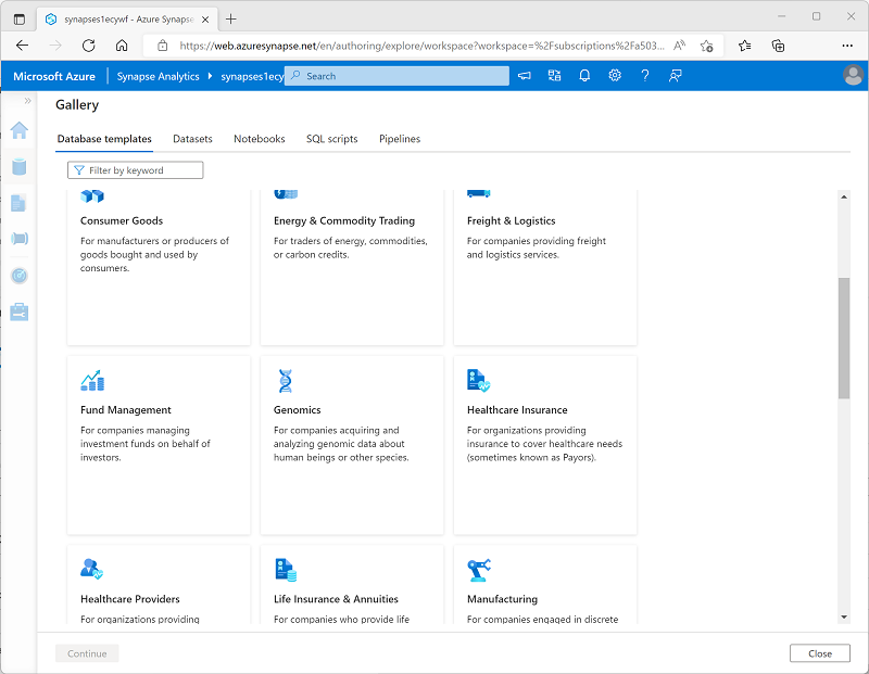 Snímek obrazovky galerie v nástroji Azure Synapse Studio zobrazující šablony databáze