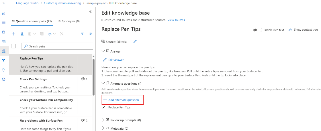 A screenshot showing the Add alternate question option on the Edit knowledge base pane.