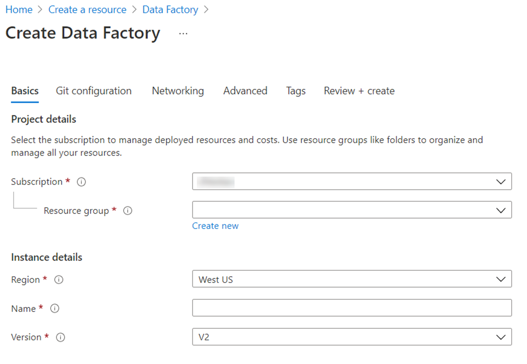 Vytvoření instance služby Azure Data Factory