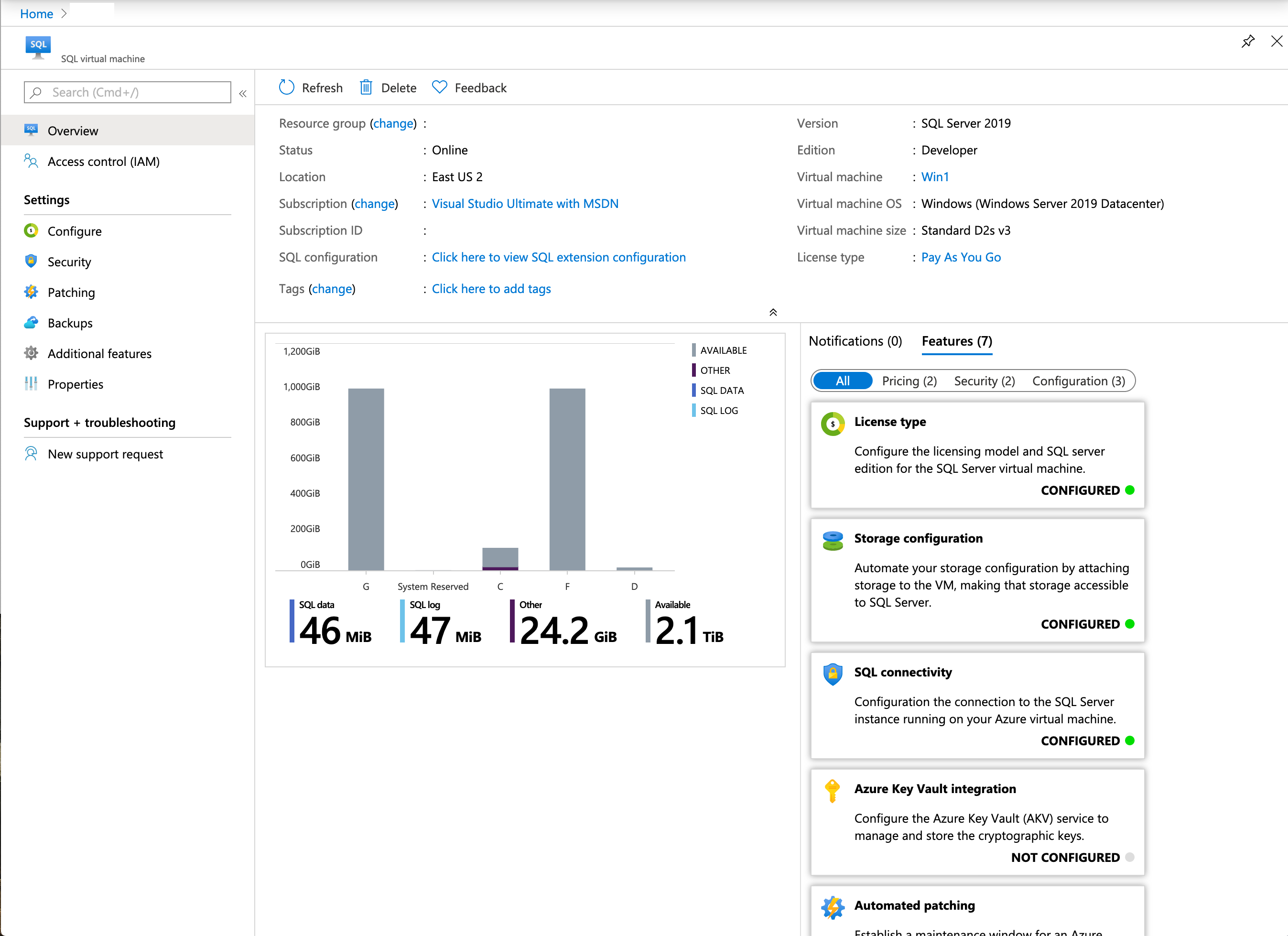 Obrázek konfigurace virtuálního počítače SQL na webu Azure Portal