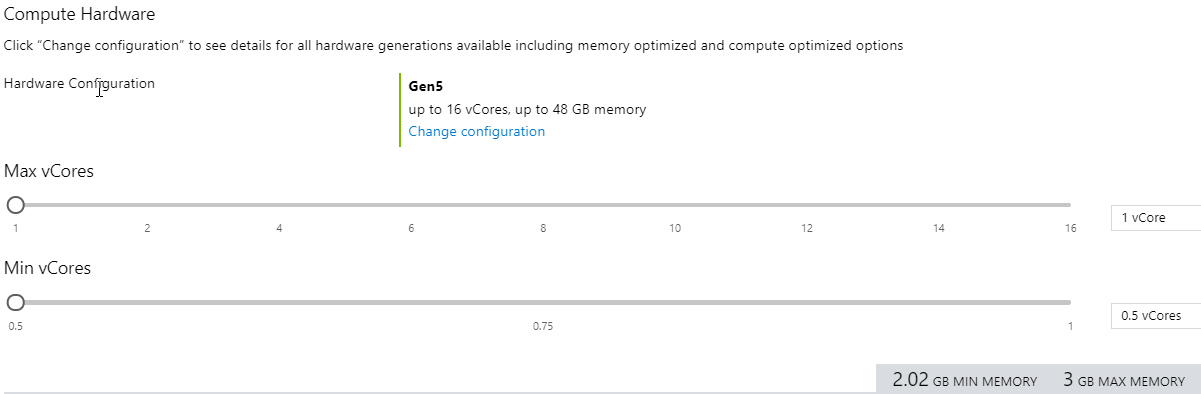 The Azure SQL Database Serverless Settings in the Azure portal