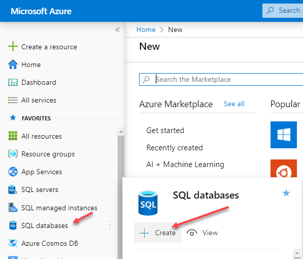 Obrazovka nasazení služby Azure SQL Database na webu Azure Portal