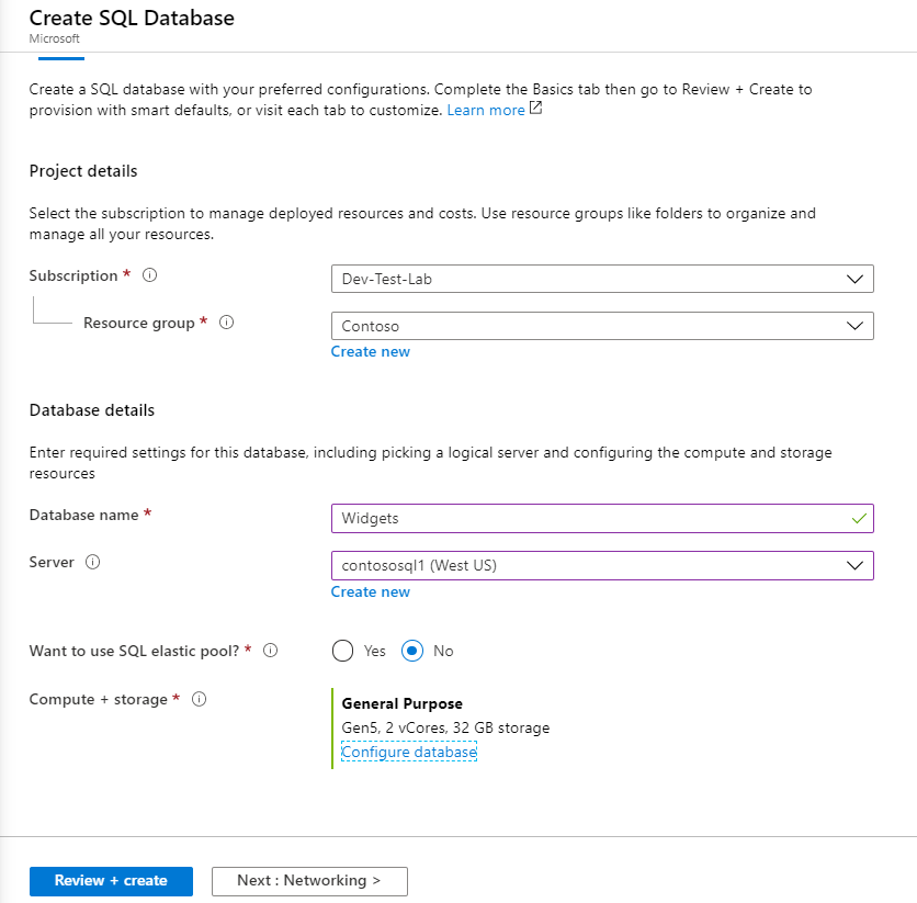 Okno Vytvoření služby SQL Database na webu Azure Portal