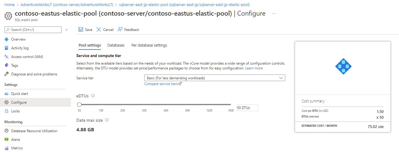 Stránka webu Azure Portal zobrazující konfiguraci elastického fondu