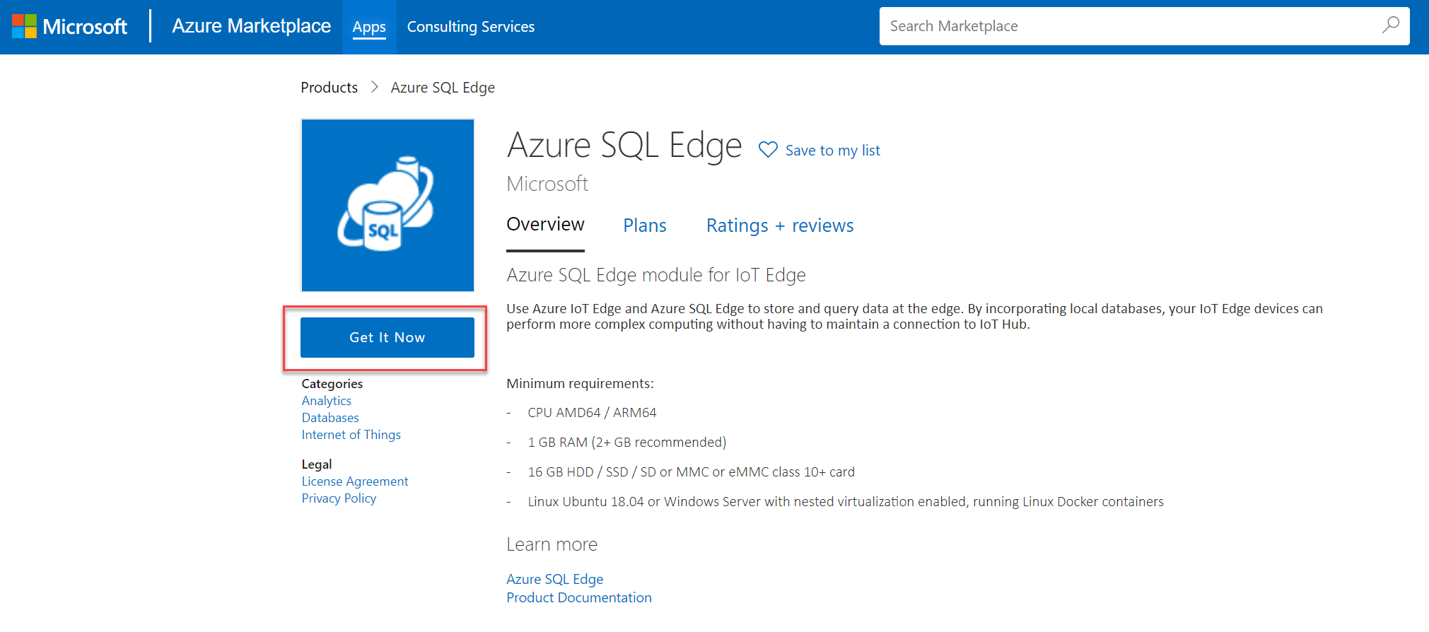 Obrazovka s přehledem modulu Azure SQL Edge se zvýrazněným tlačítkem Získat hned