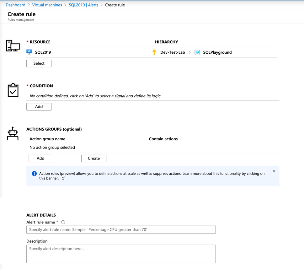 Snímek obrazovky se stránkou vytvořit pravidlo na webu Azure Portal