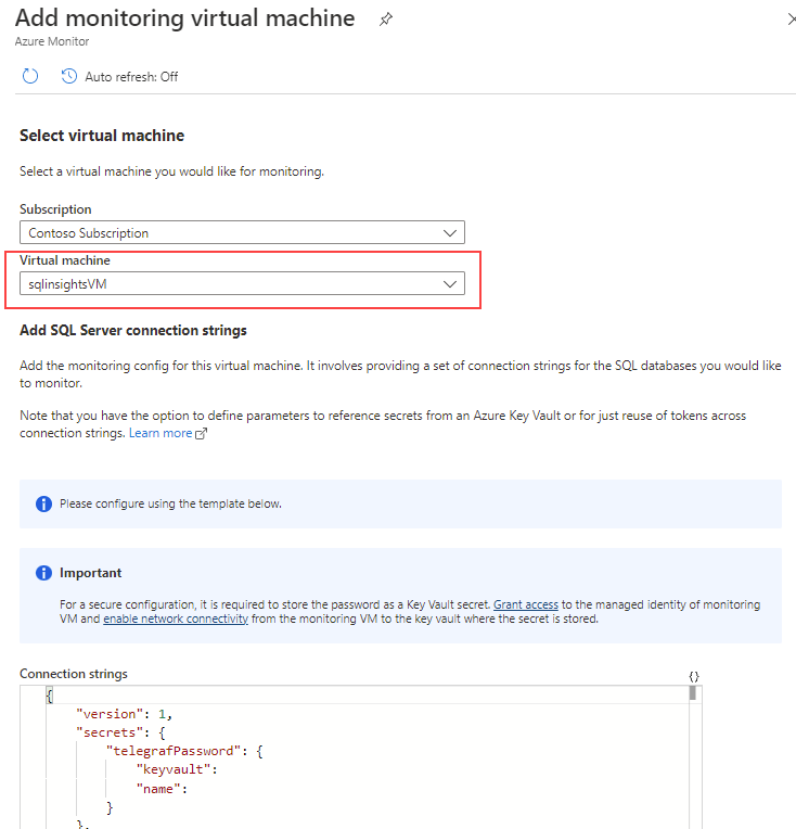 Snímek obrazovky se stránkou přidání monitorování virtuálního počítače pro SQL Insights