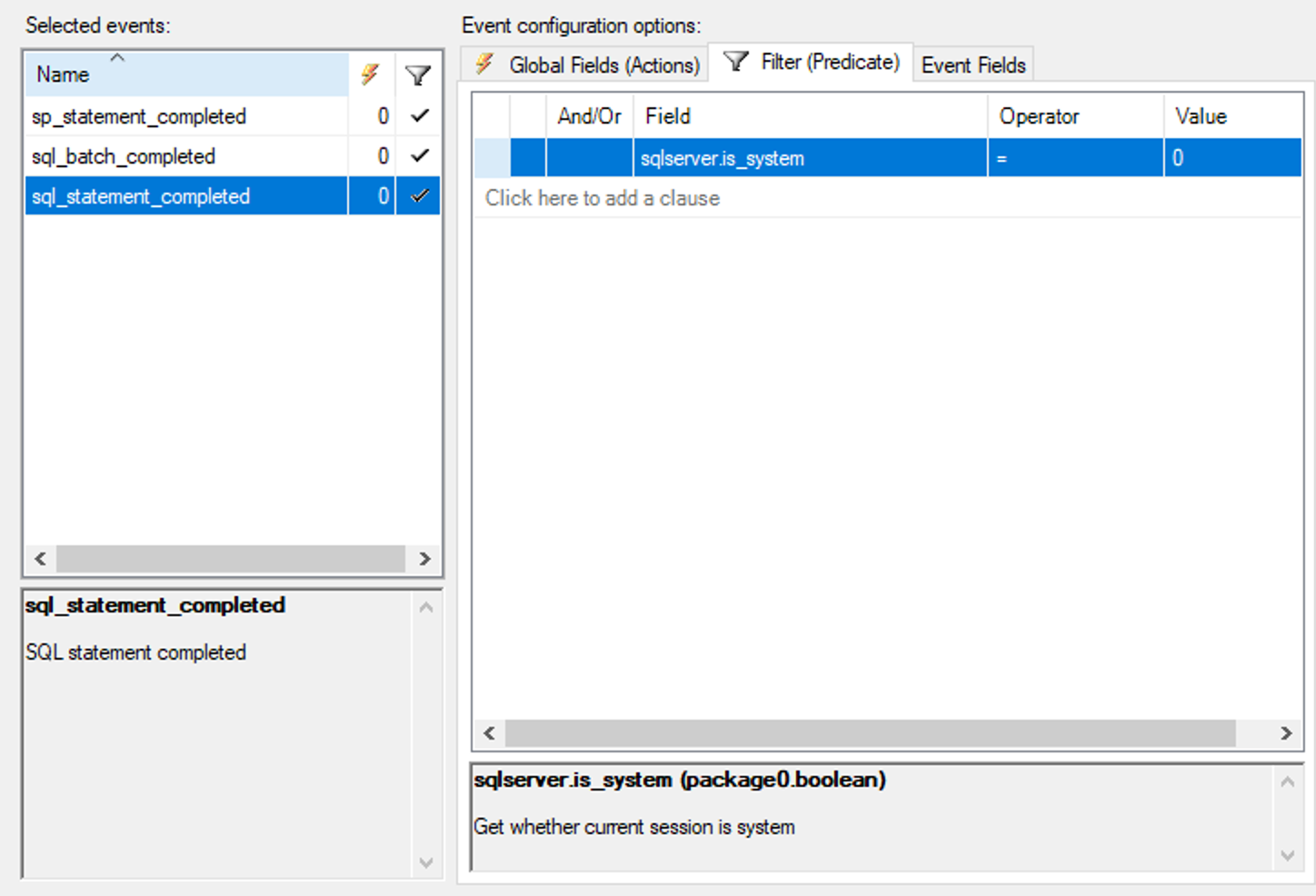 Filtr událostí v aplikaci SQL Server Management Studio