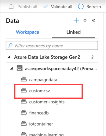 Zobrazení kontejnerů v datovém centru v nástroji Azure Synapse Studio