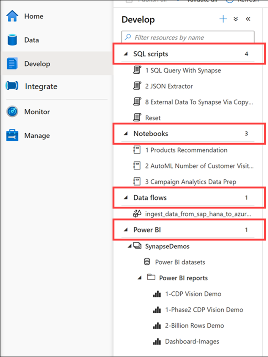 Zobrazení objektů ve vývojovém centru v nástroji Azure Synapse Studio