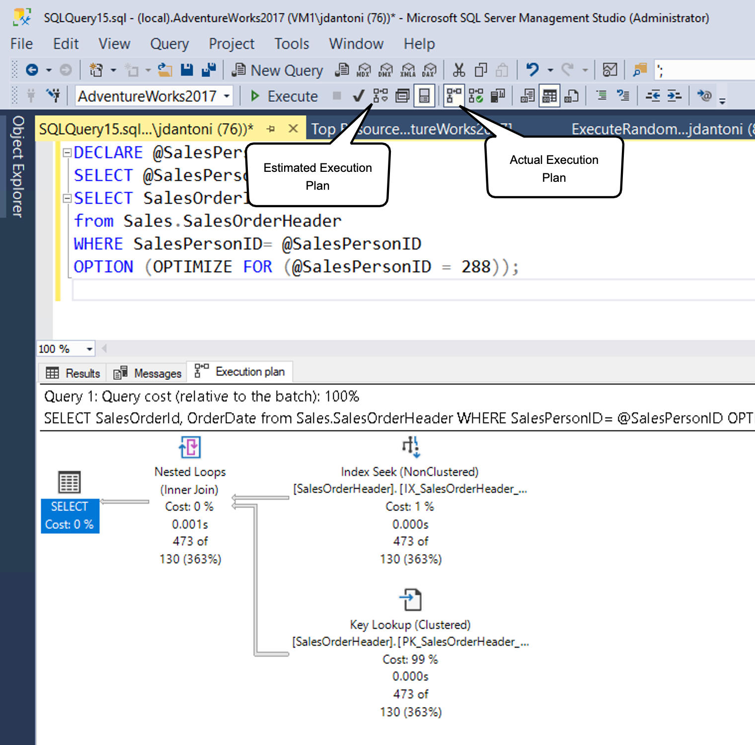 Snímek obrazovky s odhadovaným plánem provádění vygenerovaným v sadě SQL Server Management Studio