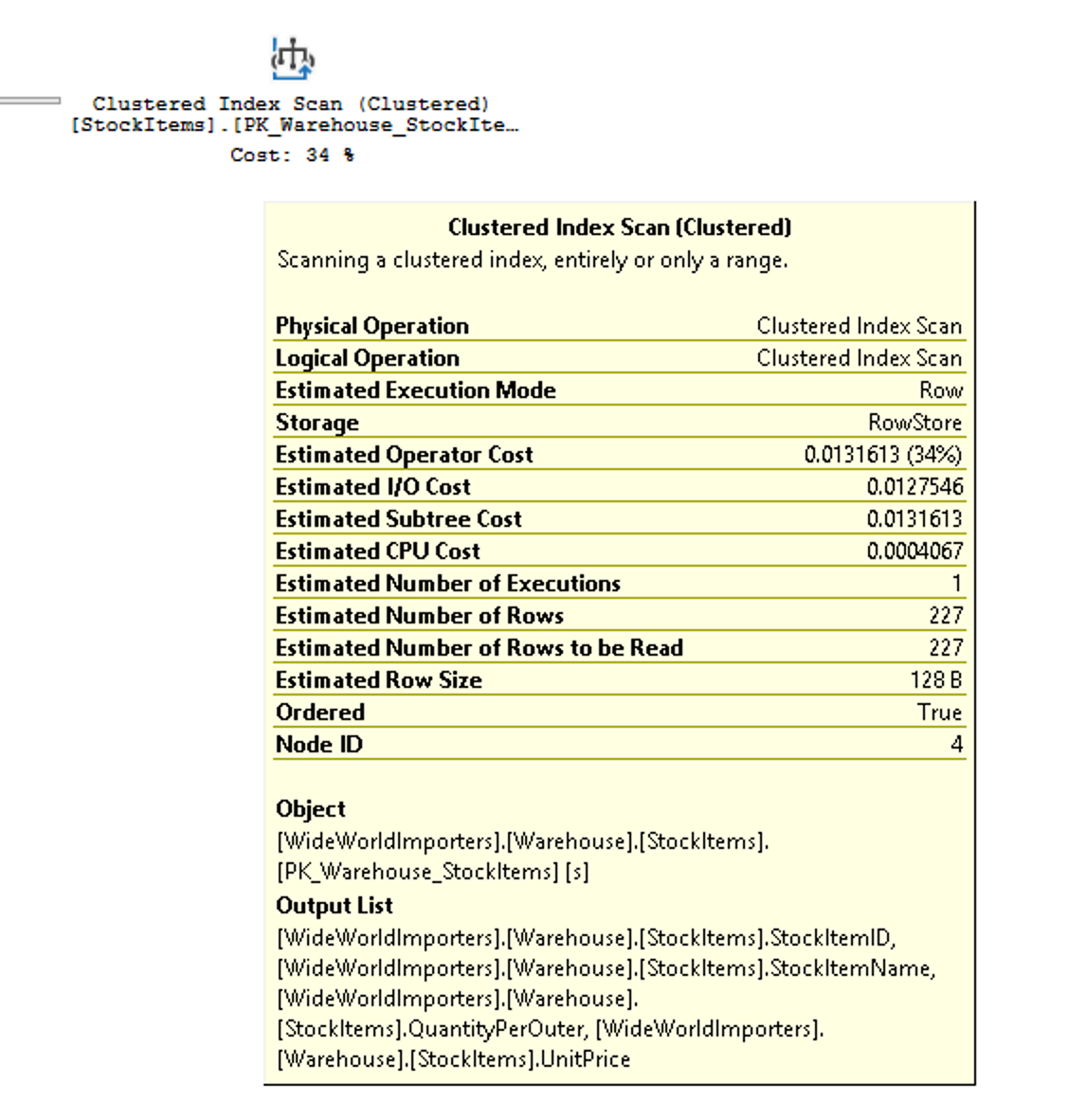 Snímek obrazovky s popisem operace Clustered Index Scan v tabulce StockItems