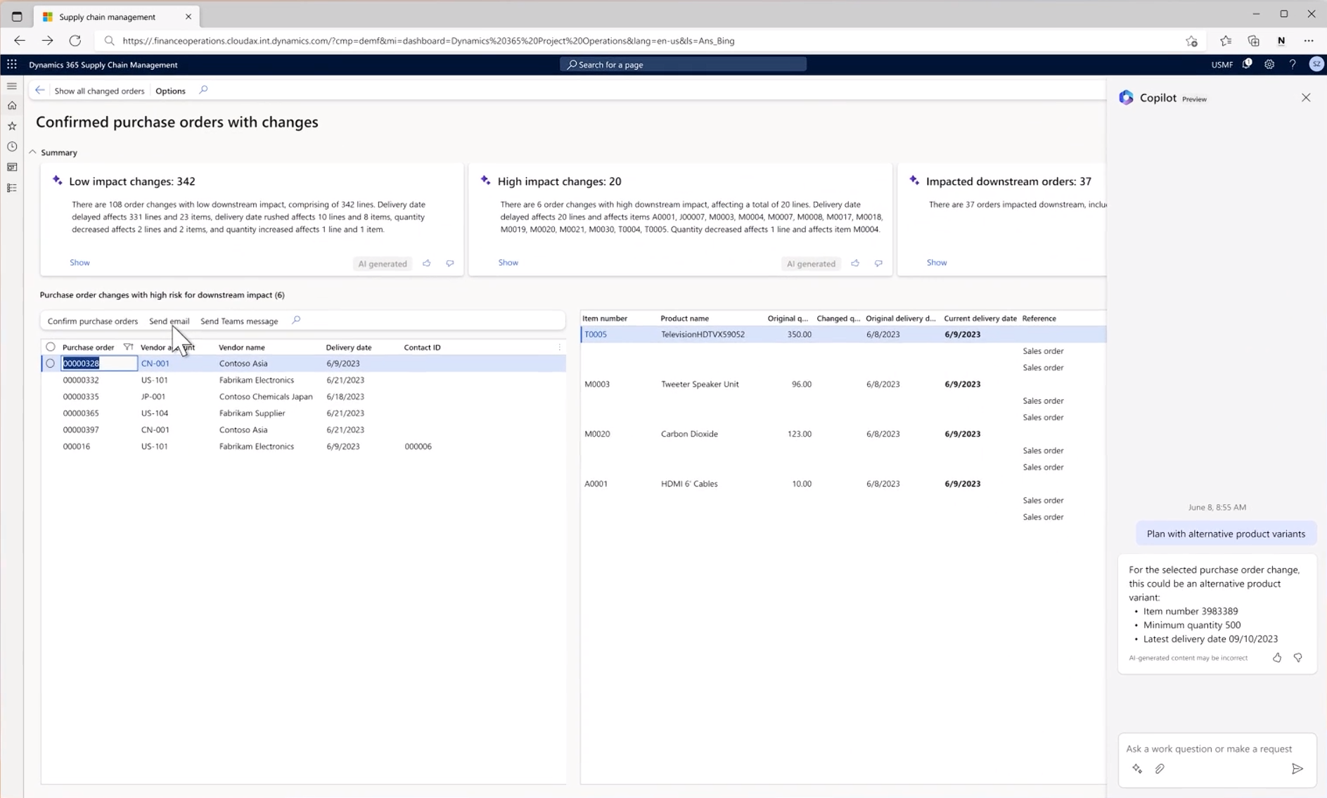 Snímek obrazovky s copilotem pro dodavatelský řetězec Dynamics 365