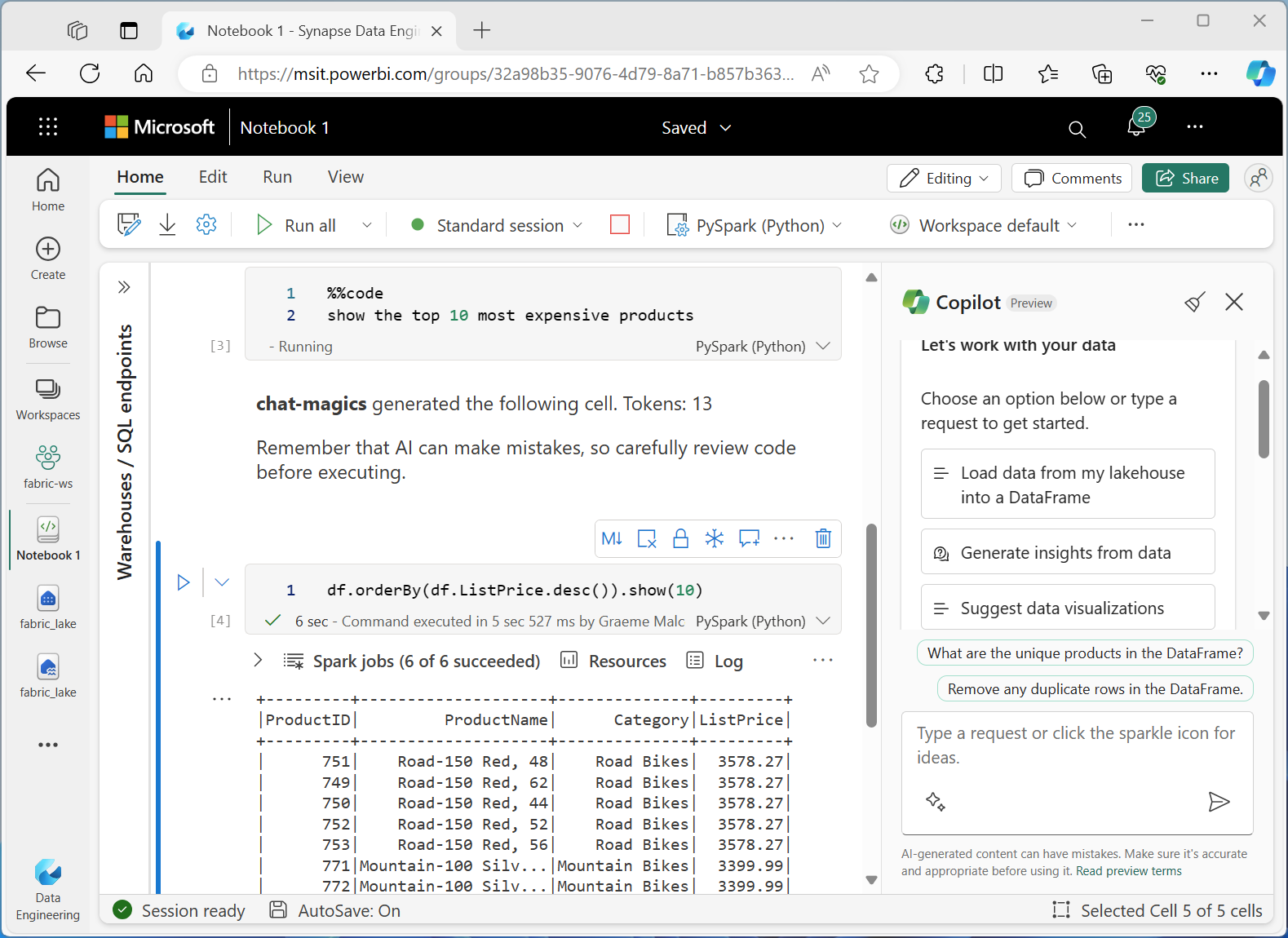 Snímek obrazovky s Copilotem v Microsoft Fabric