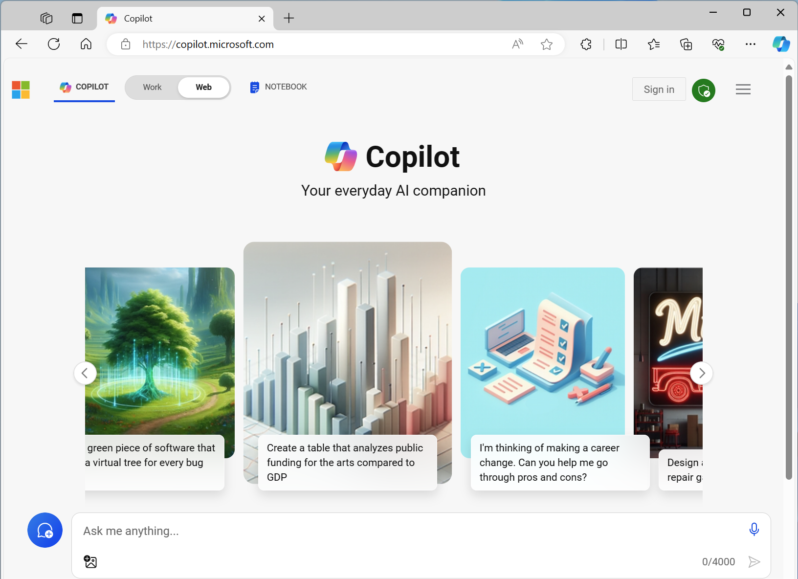 Snímek obrazovky aplikace Microsoft Copilot na webu